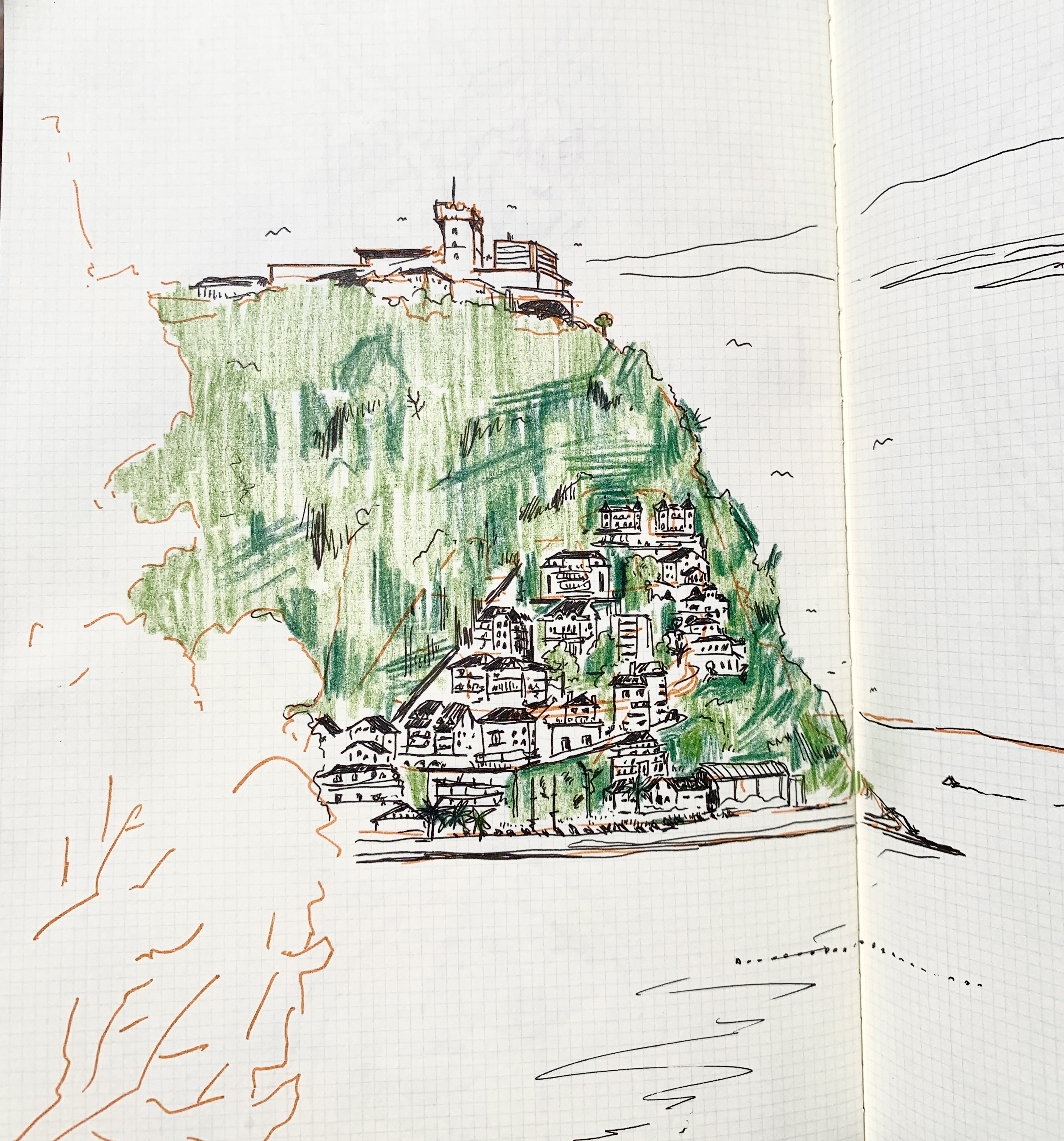 Hill in San Sebastián (color pencil and ink, 2023)