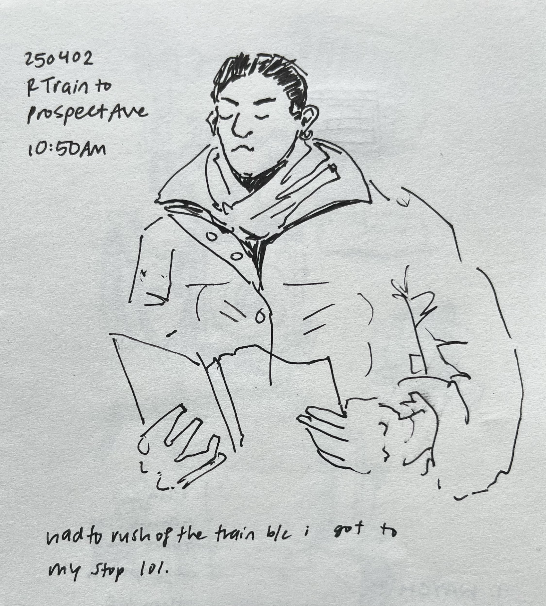 Reading on train (ink pen, 2025)