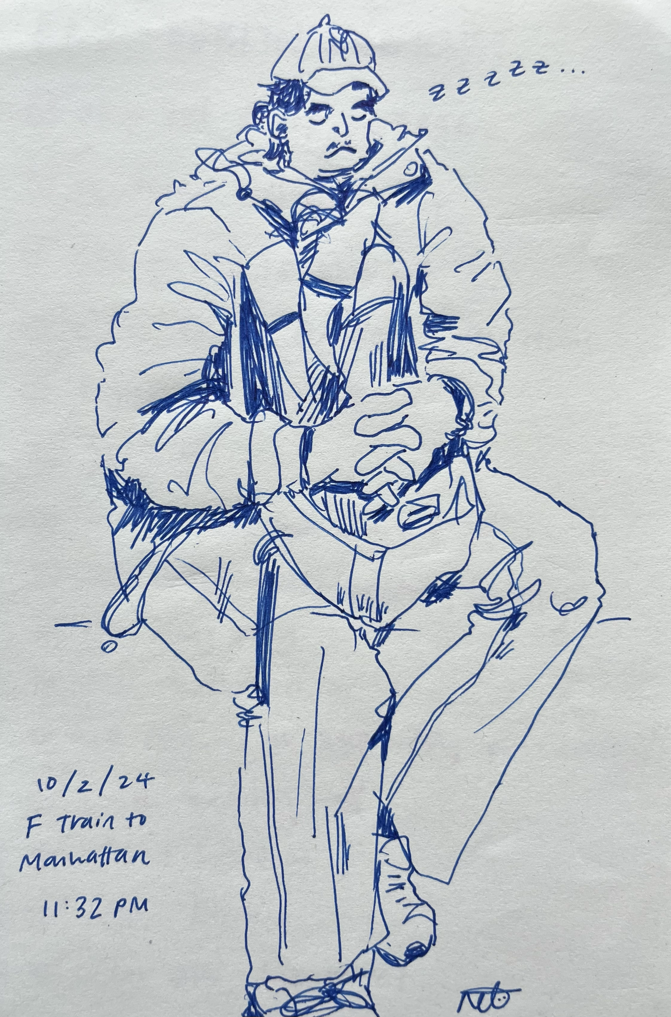 Sleeping on train (ink pen, 2025)