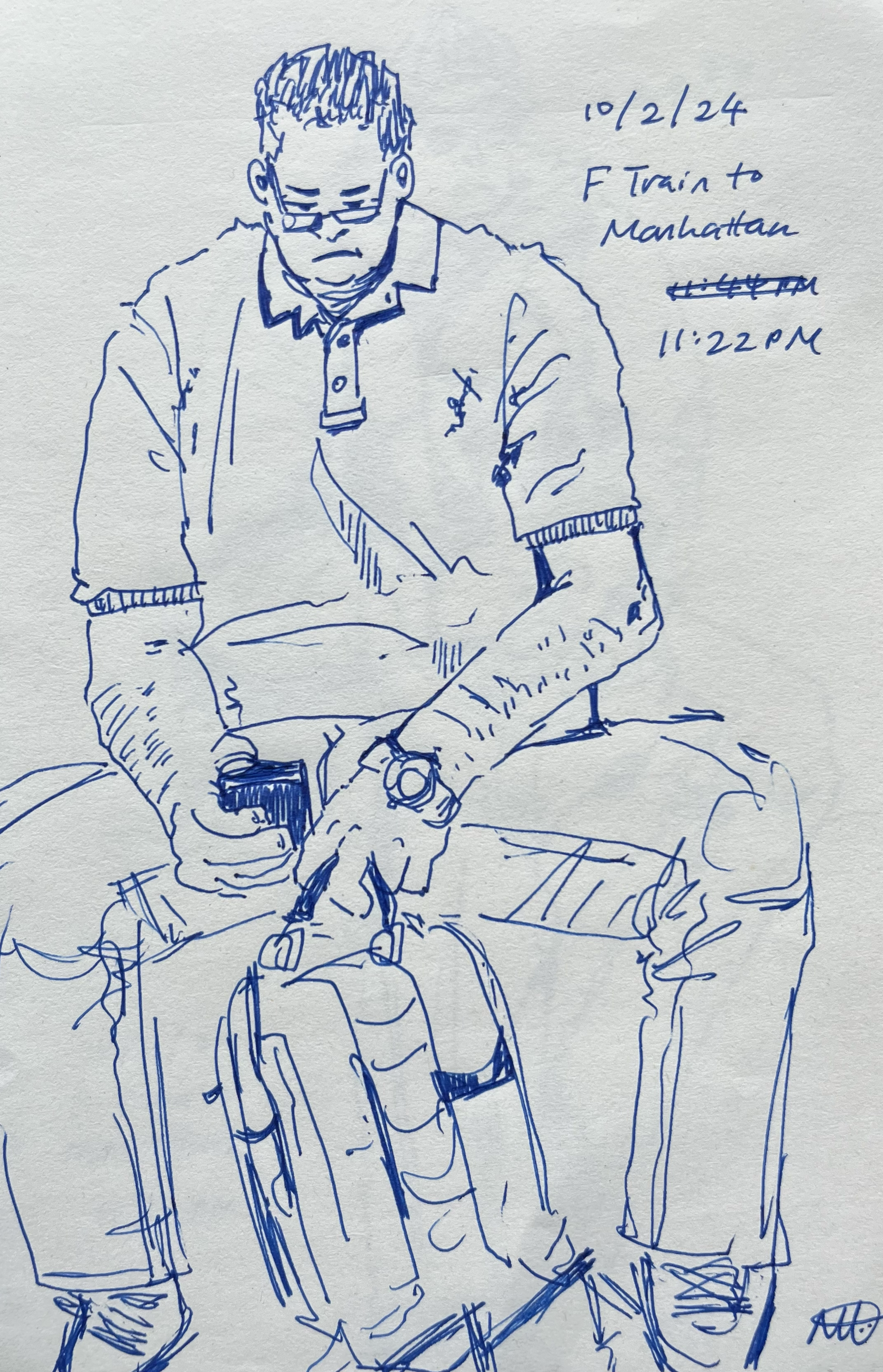 Scrolling on train (ink pen, 2025)