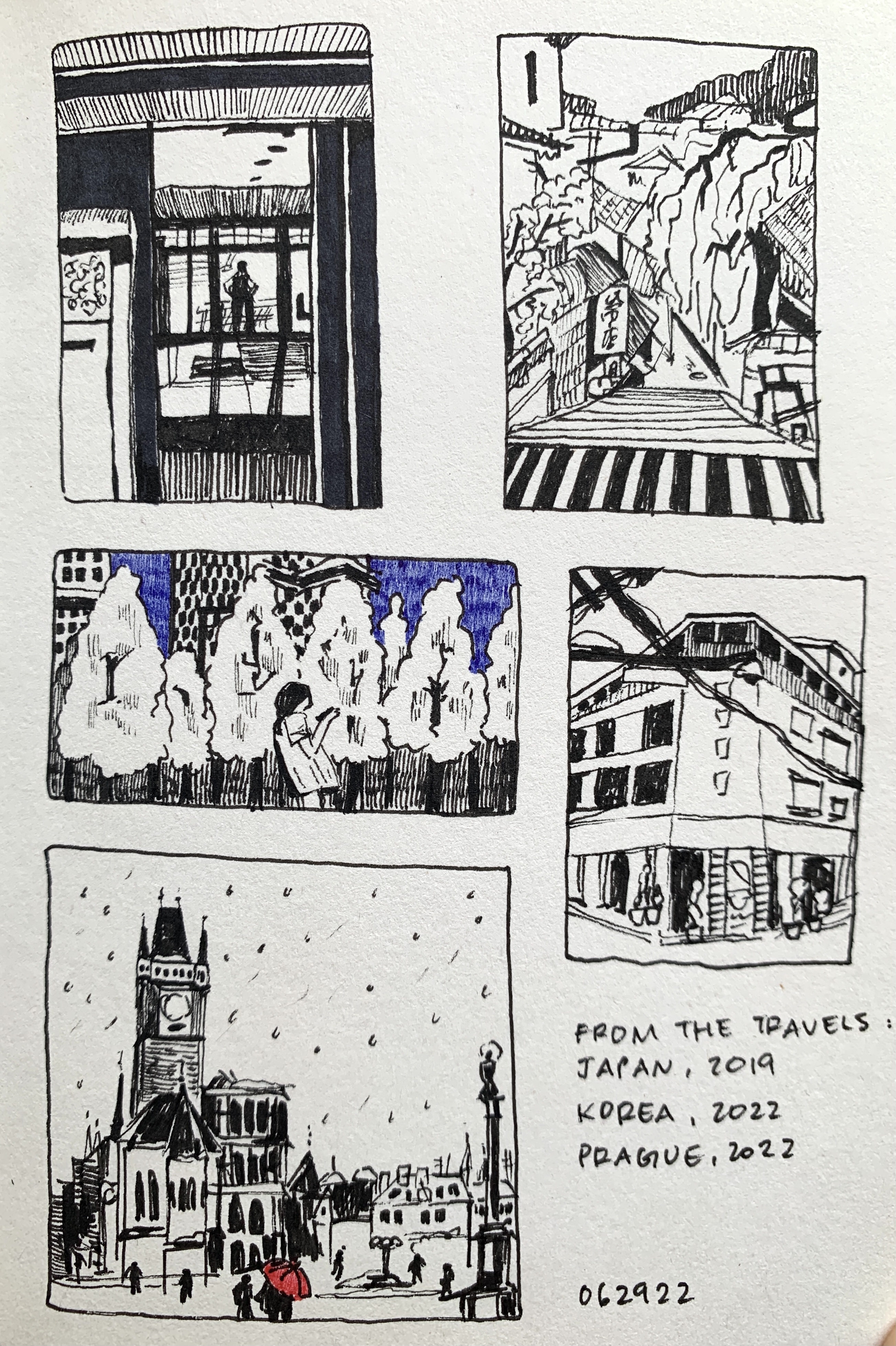 Travel vignettes (ink pen, 2022)